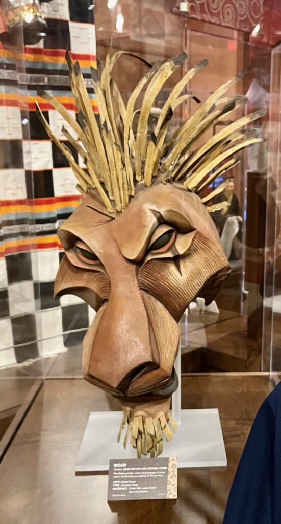 Scar mask prototype from the Lion King on Broadway on display in the Global Collection at Atlanta's Center for Puppetry Arts