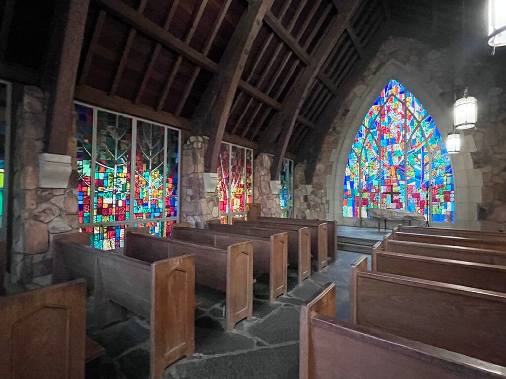 Enjoy the spectacular stained glass in the tiny Callaway Chapel with the free day pass that comes with your Fantasy in Lights ticket | atlantaandbeyond.com