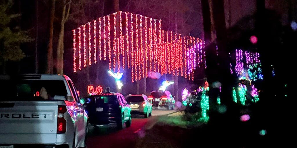 Enchanted Rainbow Forest, highlights the changing seasons. We drove underneath strings of colorful lights surrounded by delightful fairies and blooming flowers until Jack Frost blew cold air in ushering in winter and white lights | atlantaandbeyond.com