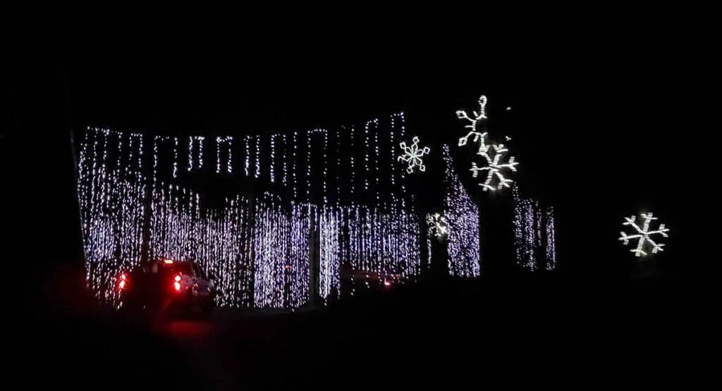 Then we entered Snowflake Valley. Thousands of strings of white and blue lights hung from above | atlantaandbeyond.com