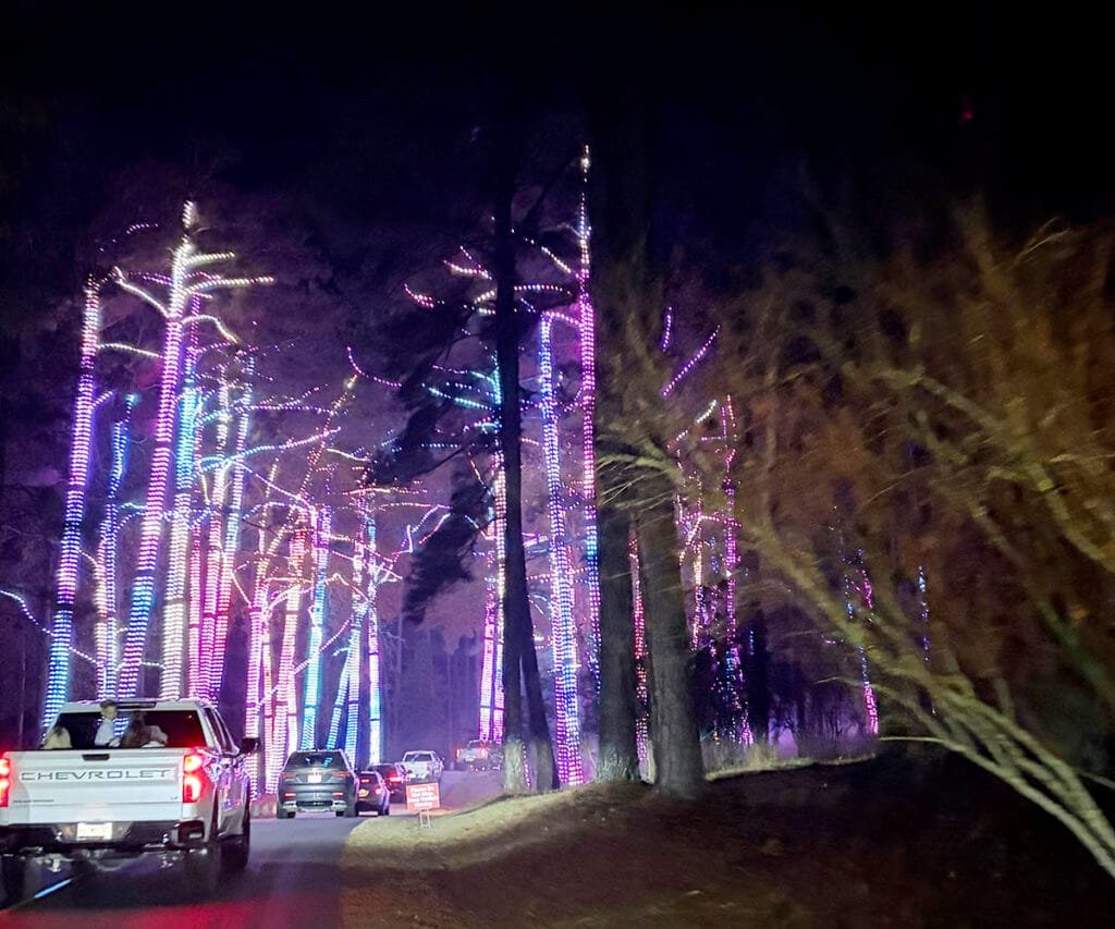 Callaway added a new light display in 2025 called the Song of Trees featuring candy cane striped tree trunks mixed in with other colors choreographed to Hark! The Herald Angels Sing | atlantaandbeyond.com